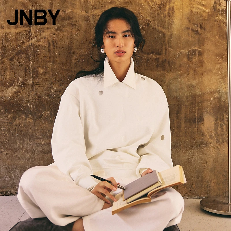 JNBY/江南布衣卫衣长袖圆领宽松波点刺绣镂空上衣棉质微落肩