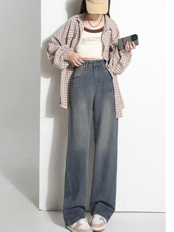 美式高街星空纹阔腿牛仔裤女秋冬加绒高腰显瘦直筒垂感拖地长裤子