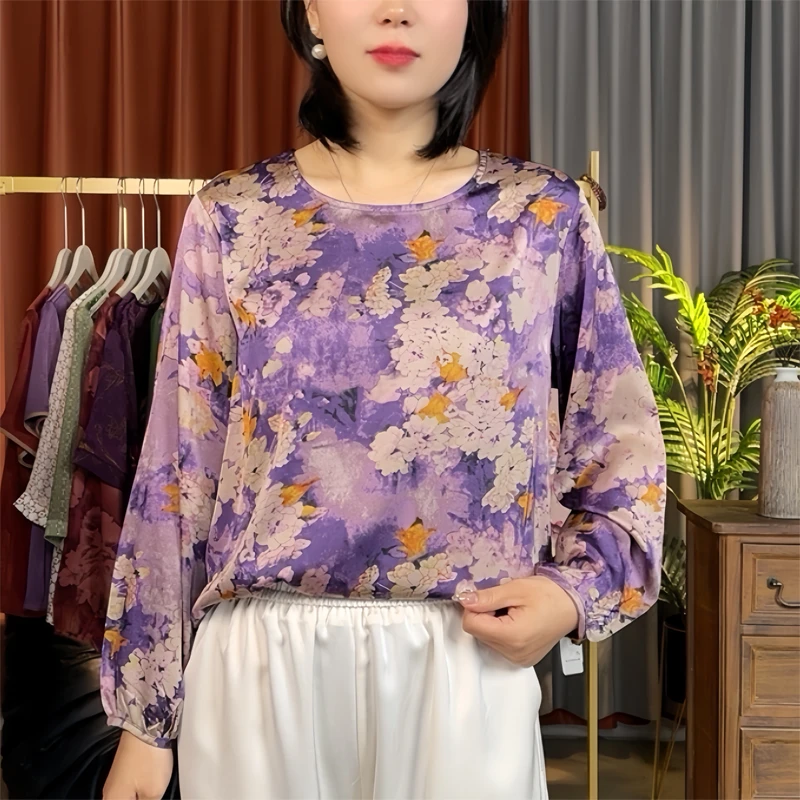 早秋新款女装彩色印花上衣小衫薄款透气舒适长袖妈妈装T恤DM-0026