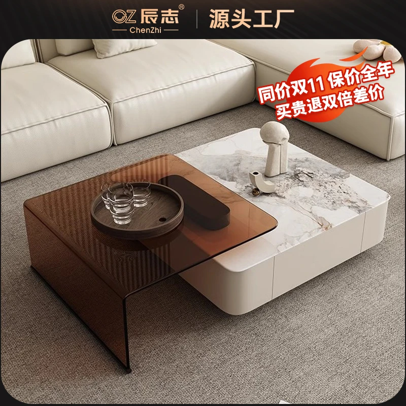 辰志岩板茶几电视柜组合现代简约家用小户型客厅2023新款可伸缩柜