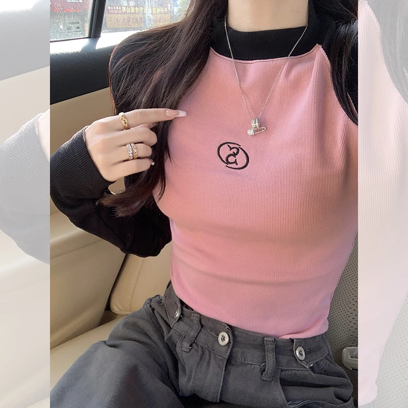 春季新款短款t恤女长袖纯棉撞色修身内搭打底衫女上衣