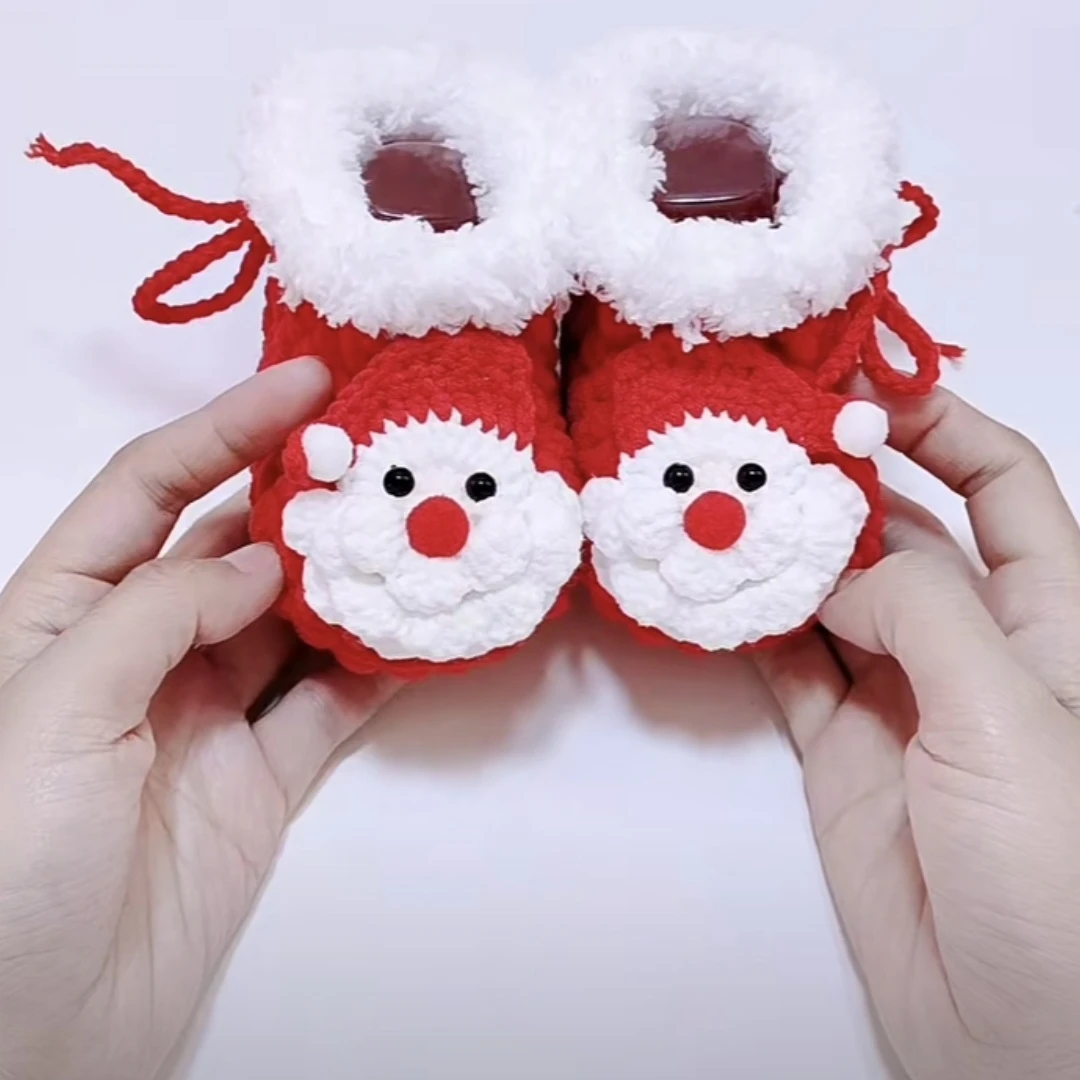 婴儿针织圣诞冬款加厚毛线保暖靴0—12个月纯手工钩织宝宝鞋成品