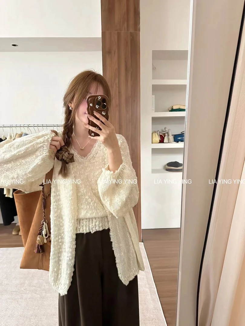 【杏枝山】高奢精纺羊毛～韩系氛围感俩件套～慵懒针织开衫外套小吊带