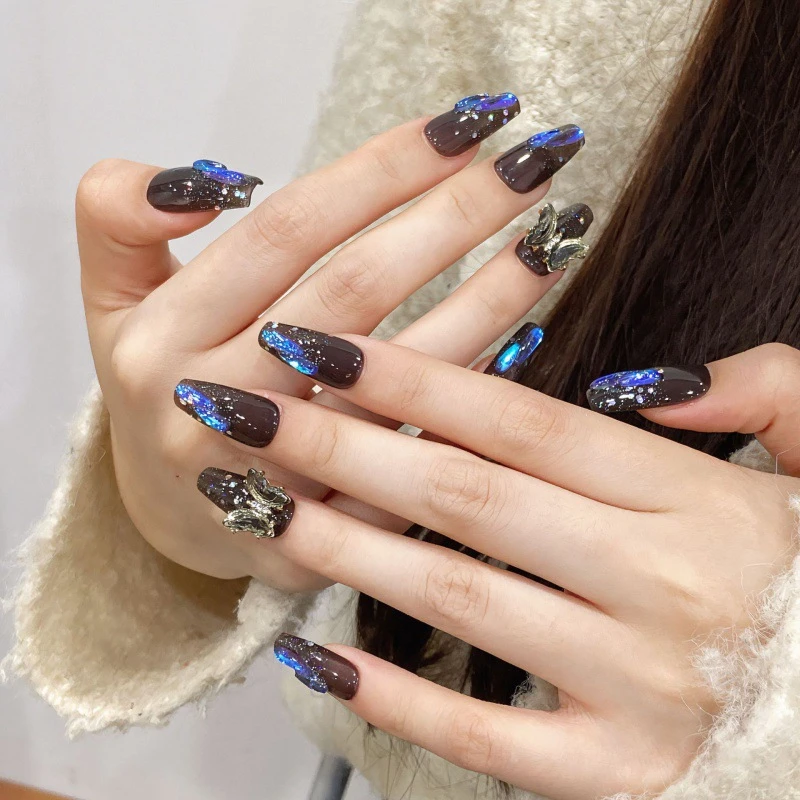 黑色极光钻 原创纯手工穿戴甲爆闪手工贴片美甲夏天ins风中长款