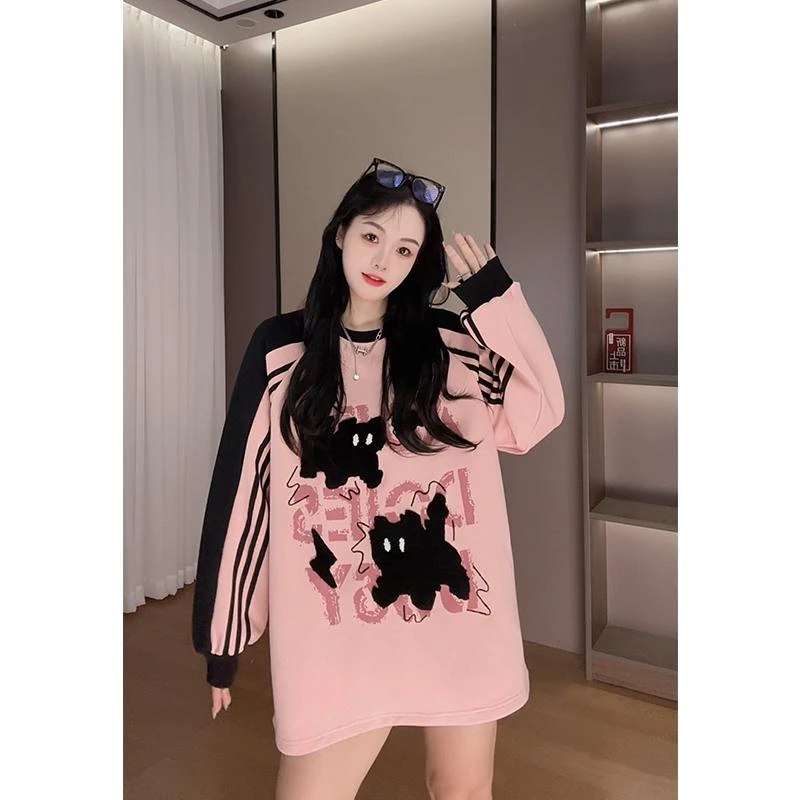 300斤胖mm大码粉色慵懒风卫衣女秋季长袖T恤宽松设计感插肩上衣