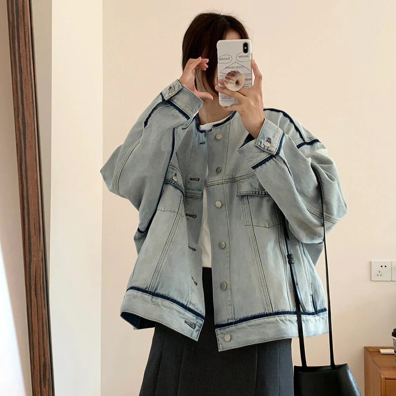 300斤胖mm大码女装美式撞色拼接毛边牛仔外套女时尚宽松百搭上衣