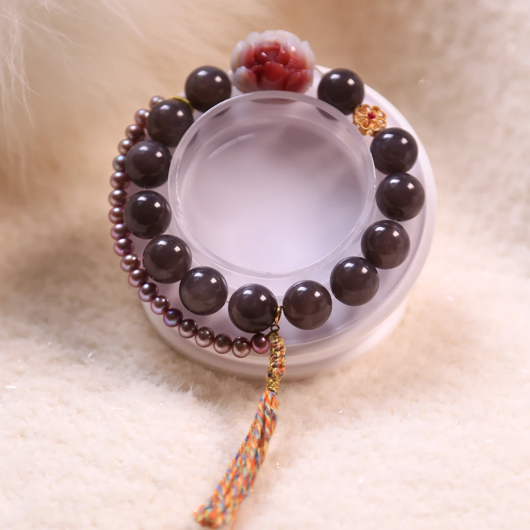 和田玉（烟紫）/老盐源/爱迪生淡水珍珠手链