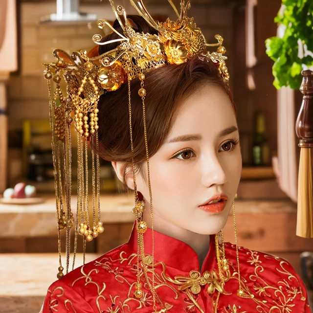 明制凤冠秀禾头饰新款金色新娘头饰中式婚礼龙凤褂秀禾服结婚发饰