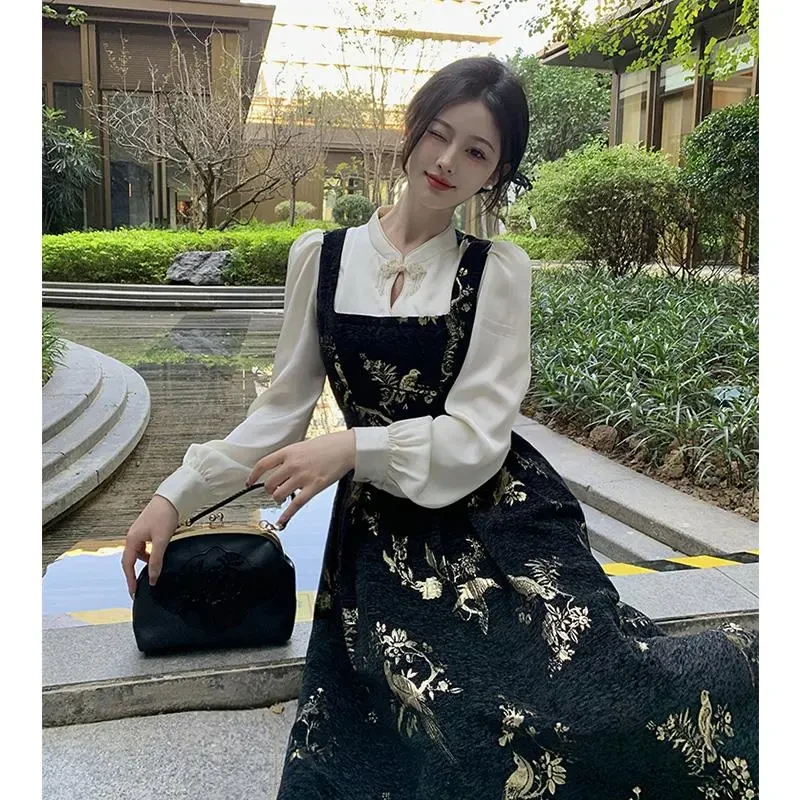 大码春秋2024胖mm收腰显瘦垂坠感a字裙子新中式高端假两件连衣裙