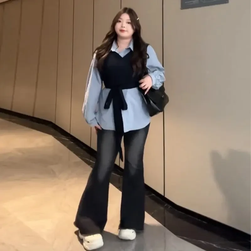 大码女装宽松假两件别致小众衬衫夏季胖mm气质上衣显瘦遮肚子衬衣