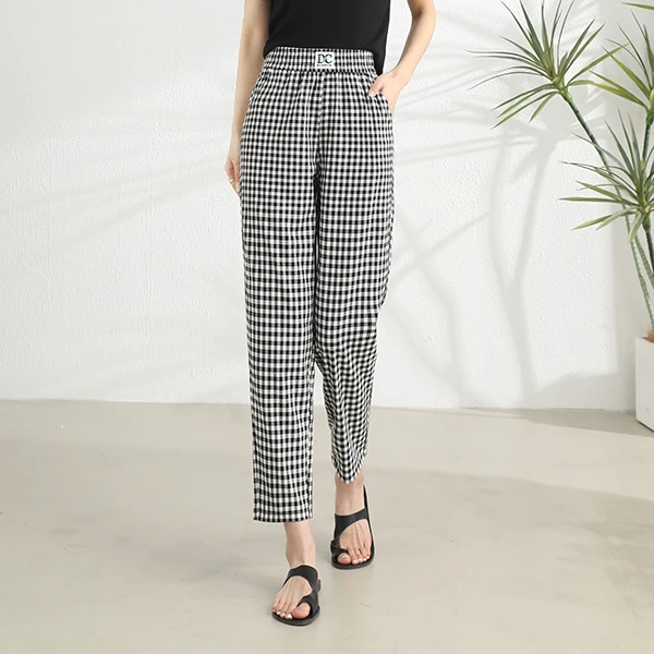 夏季黑白格子裤直筒格子裤舒适高腰女士宽松薄款休闲时尚大码显瘦