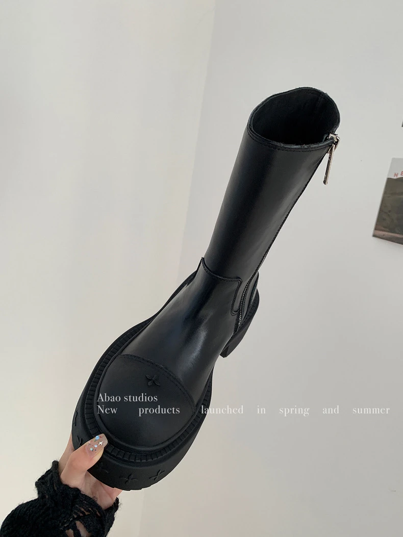 十字花靴子厚底牛皮