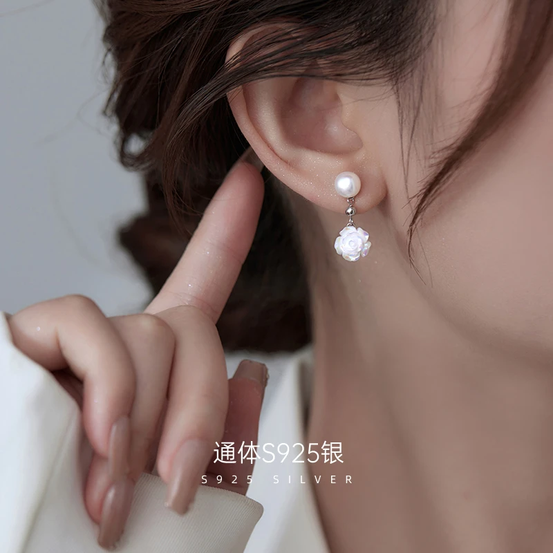 金美澳 925银陶瓷耳饰 山茶花银饰耳钉女2025新款设计感耳环耳坠