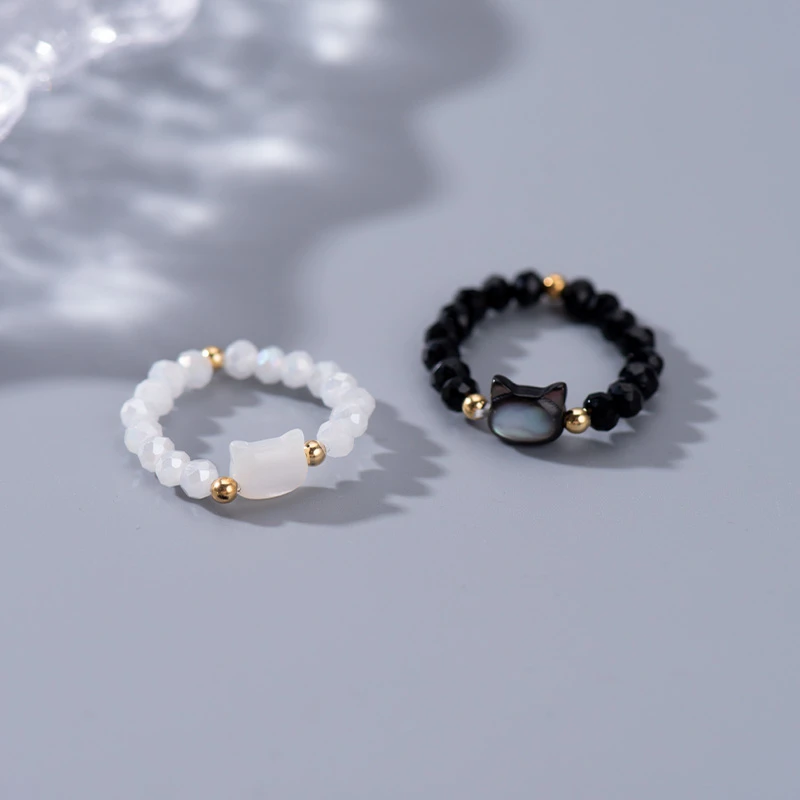 金美澳 铜合金玻璃戒指 女小众设计2025新款可爱小动物猫咪食指戒