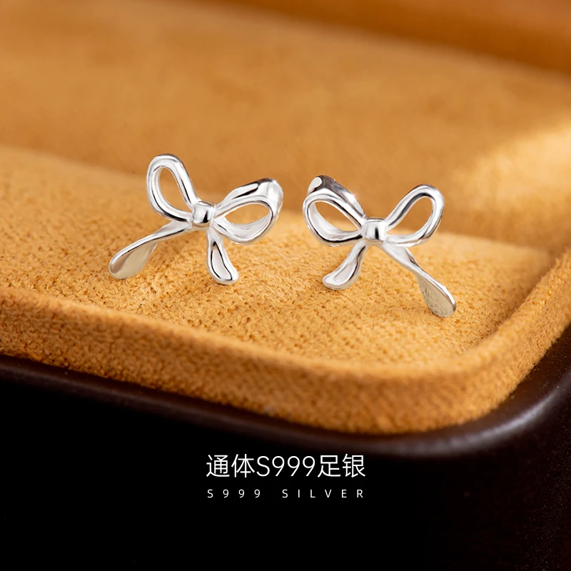 金美澳 足银耳饰 耳钉银饰品999纯银正品首饰蝴蝶结女养耳洞耳环