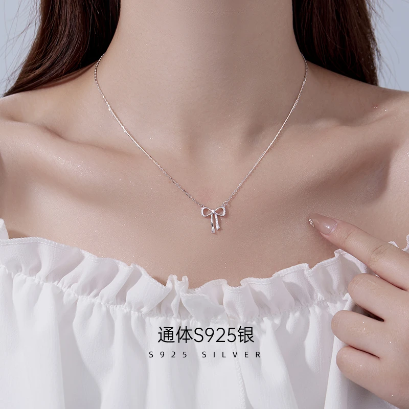 金美澳 坠链均925银合成锆石 小众设计蝴蝶结项链女气质轻奢饰品