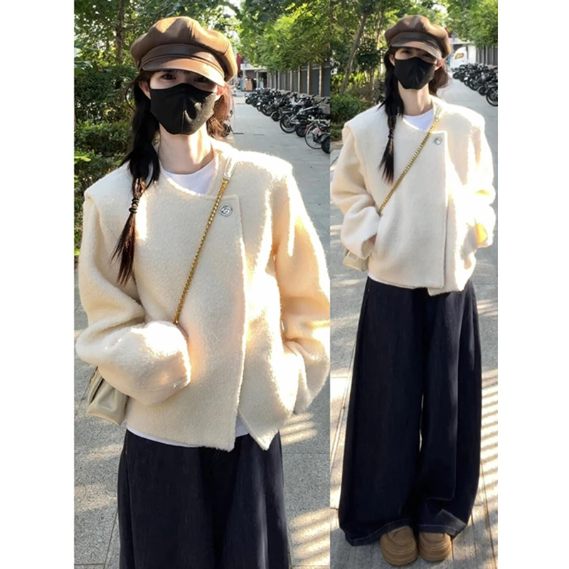 圆领深秋小香风羊羔毛外套女2024秋冬季新款休闲深秋韩系薄小个子