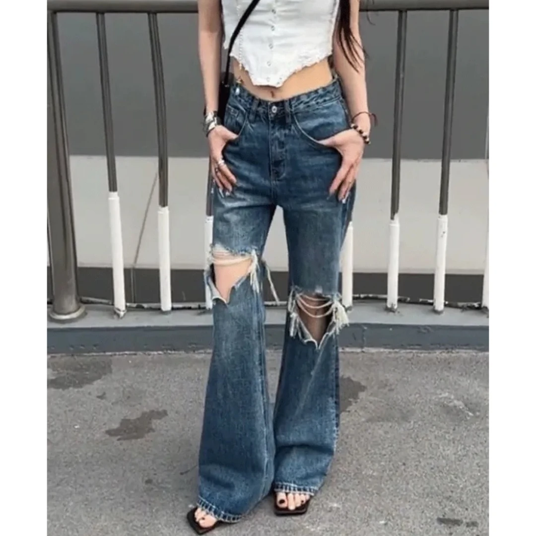 牌【小郎哥推荐】辣妹美式复古蓝破洞微喇高腰马蹄喇叭牛仔裤