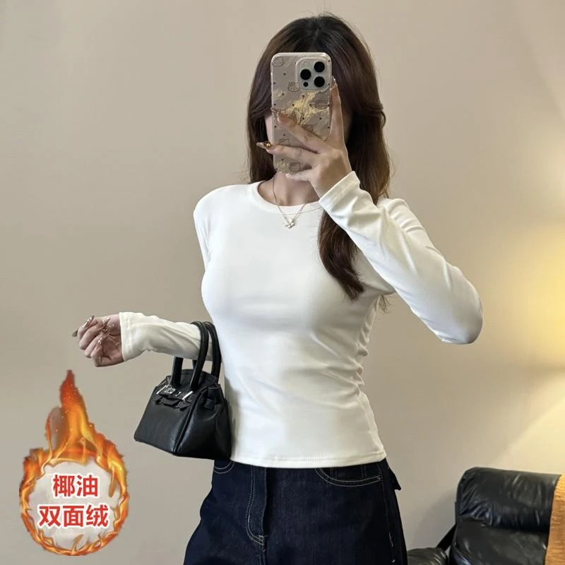 正肩圆领内搭椰油双面绒打底衫女秋冬季长袖修身T恤保暖百搭上衣
