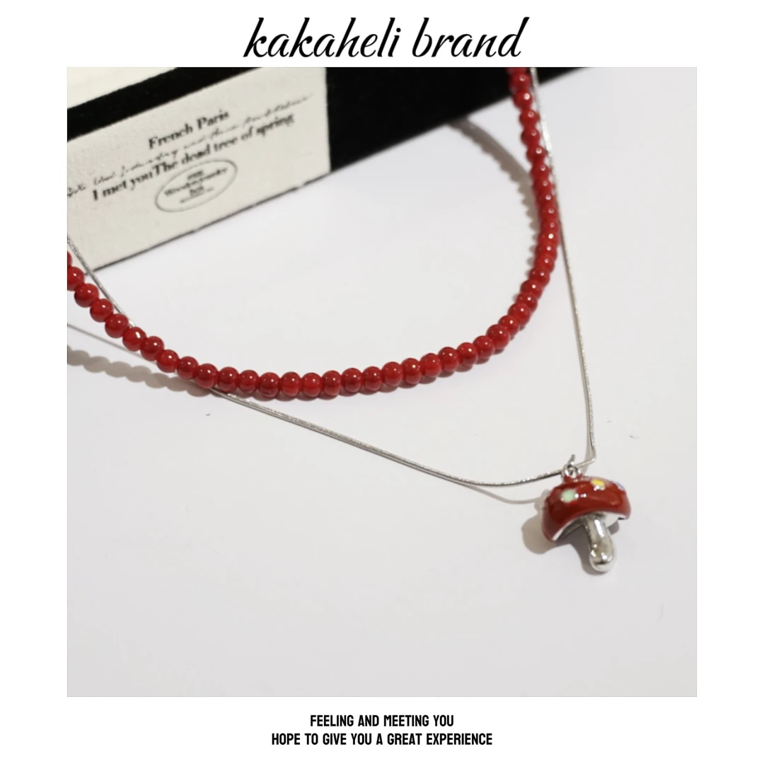 钛钢项链 红色红色珠珠双层叠戴小蘑菇可爱气质项链KK2120