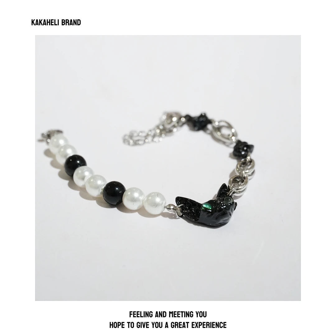 铜合金手链 高级感小猫咪珠珠拼接链条手链ins甜酷小众轻奢KK1735