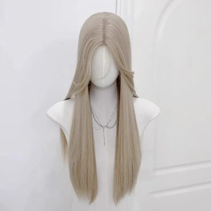 奶茶米灰直发头套女轻薄前额蕾丝中分长直发自然整顶仿真发套