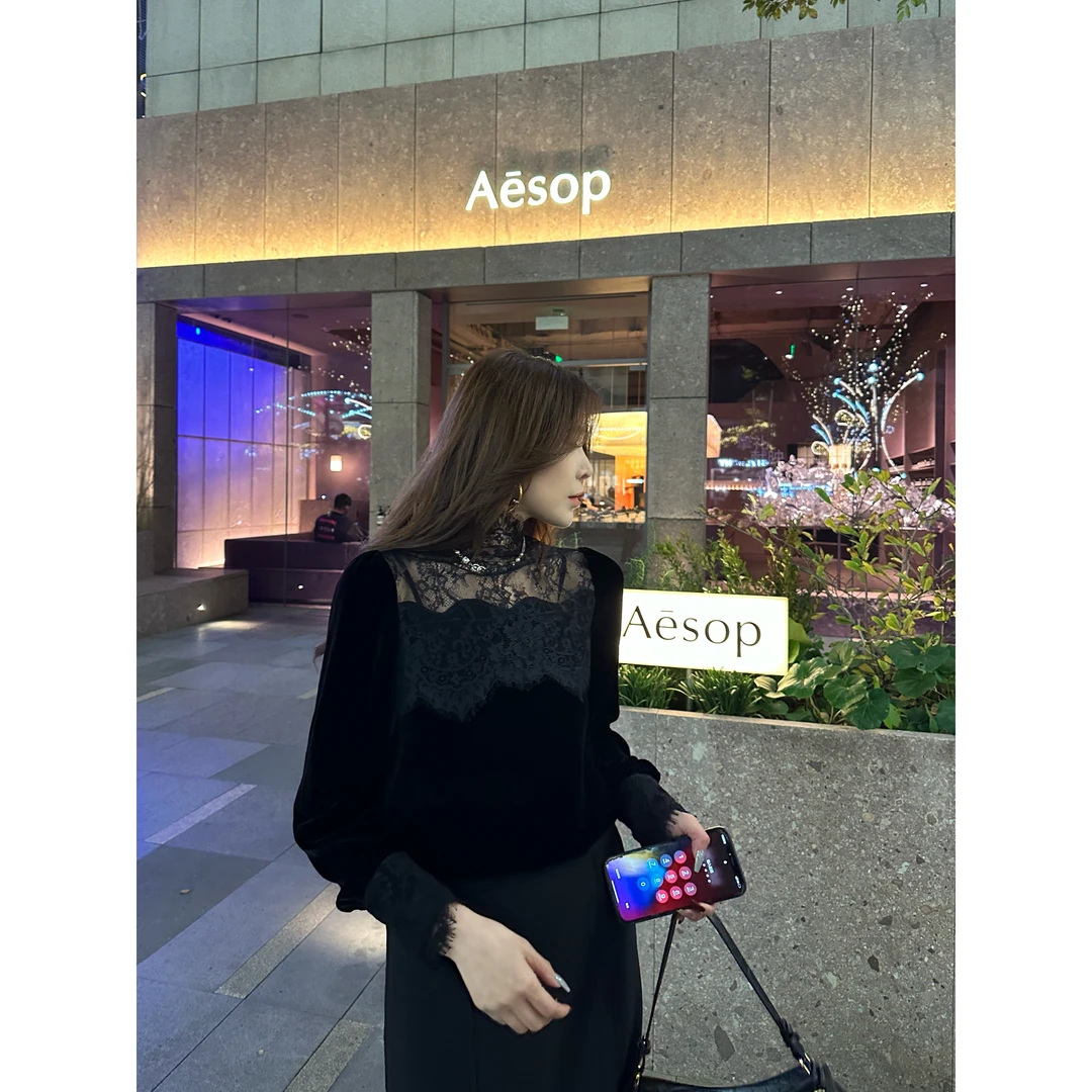 【YANG】早春新款天鹅颈蕾丝性感丝绒套头衫YY-415