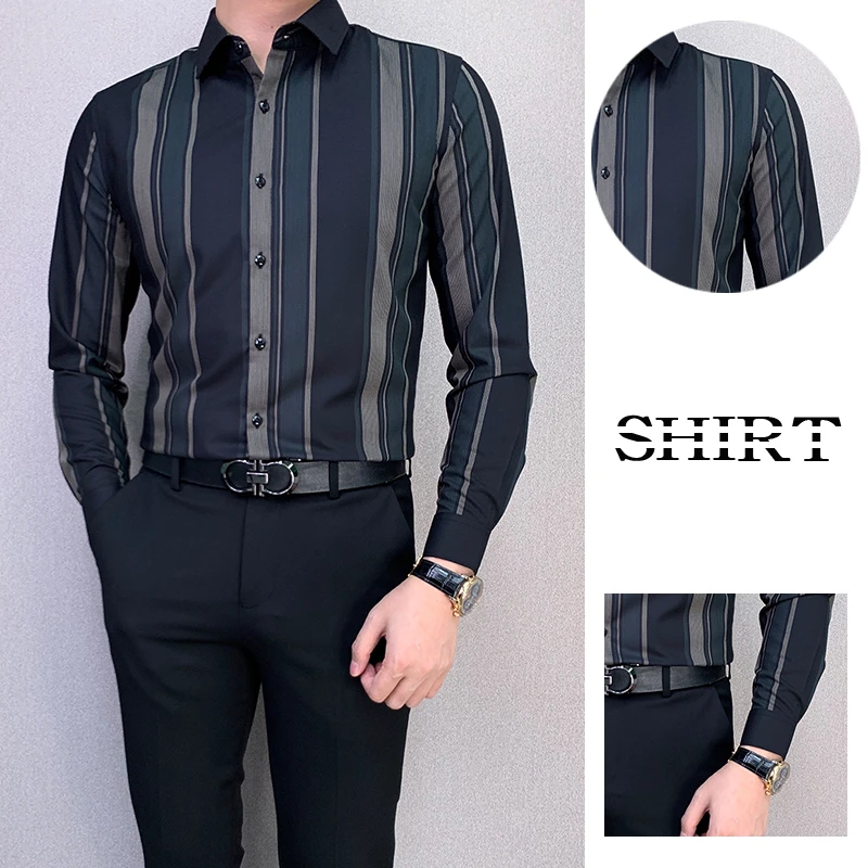 ZP807#修身免烫轻奢2025时尚气质百搭款尊贵黑条纹男士长袖衬衫