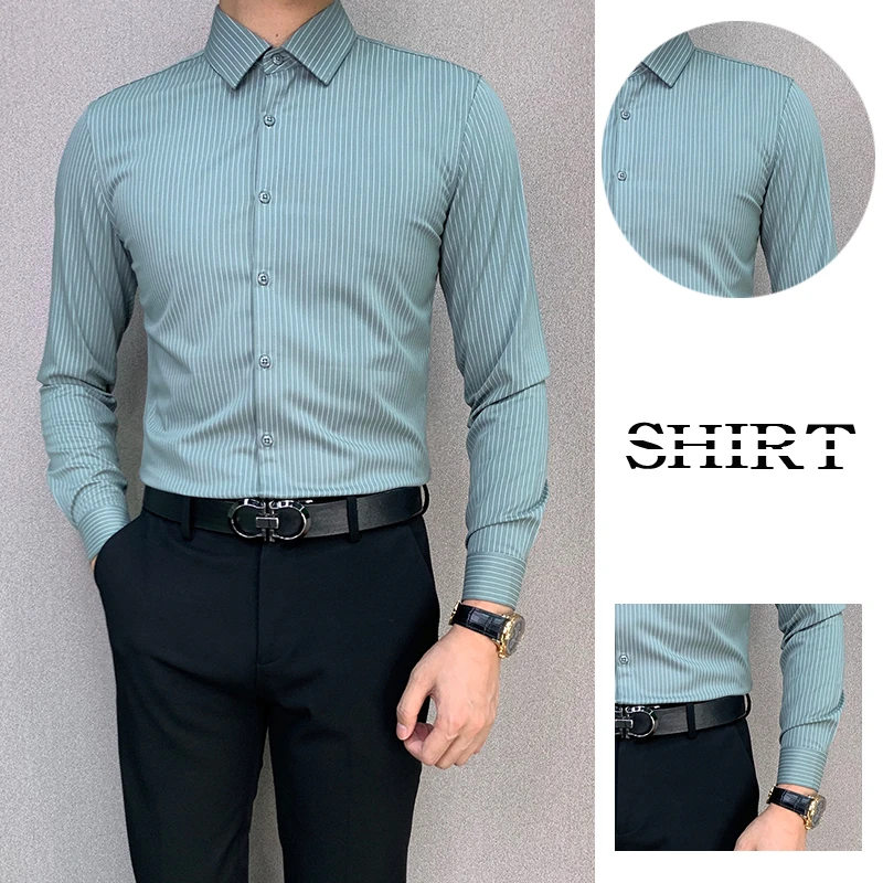ZP8878#修身免烫细条纹2025轻奢气质百搭款骑士绿男士长袖衬衫