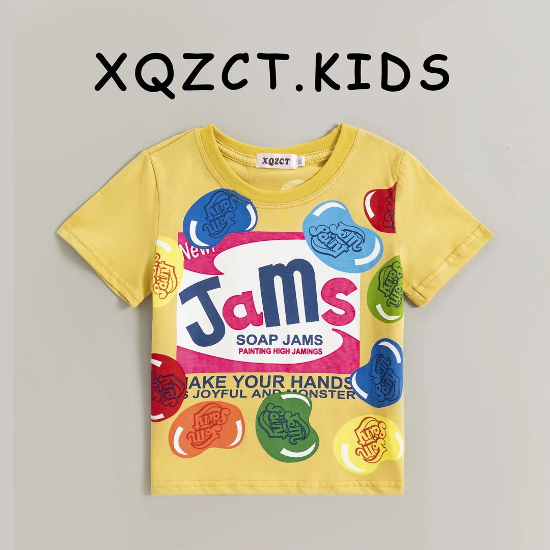 黄色小熊豌豆短袖夏季个性潮款时尚针织圆领纯棉半袖套头透气童装