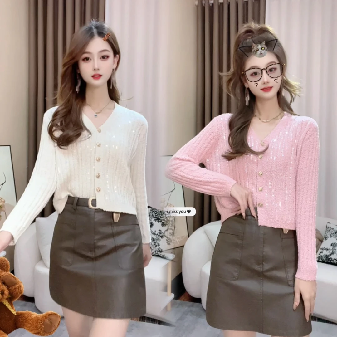 春季新款韩系气质款轻奢重工小亮片刺绣千金风显瘦温柔针织开衫