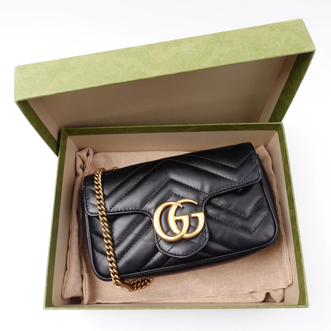 99新 GUCCI/古驰 黑金双G mini马蒙链条包  ZYJMSJ0007