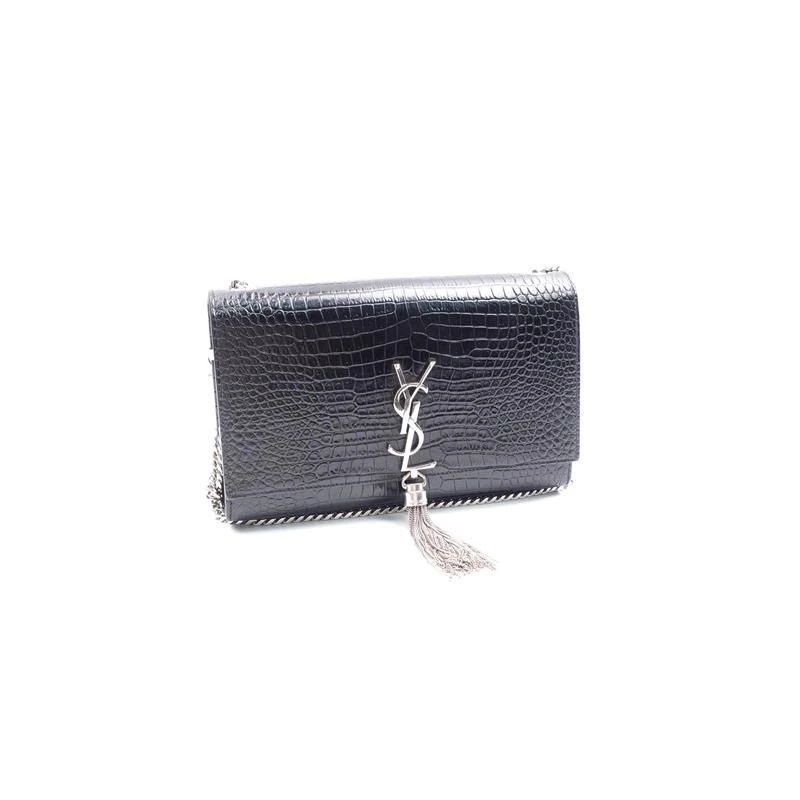 95新 YSL/圣罗兰  Kate流苏鳄鱼压纹黑银色链条包/T_ZY0000352805