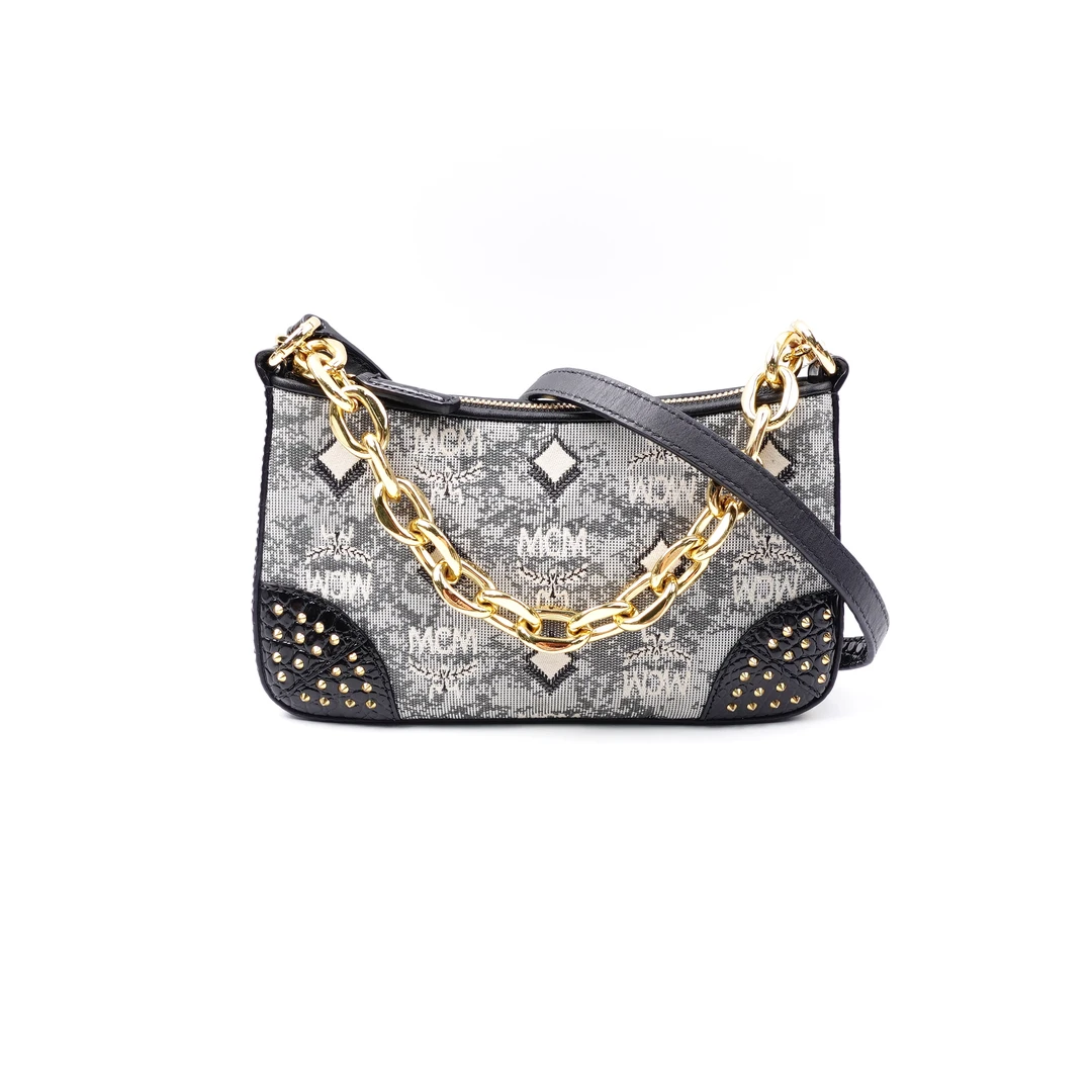 95新 MCM 灰白色拼黑色铆钉单肩包/WKJMWXN00617