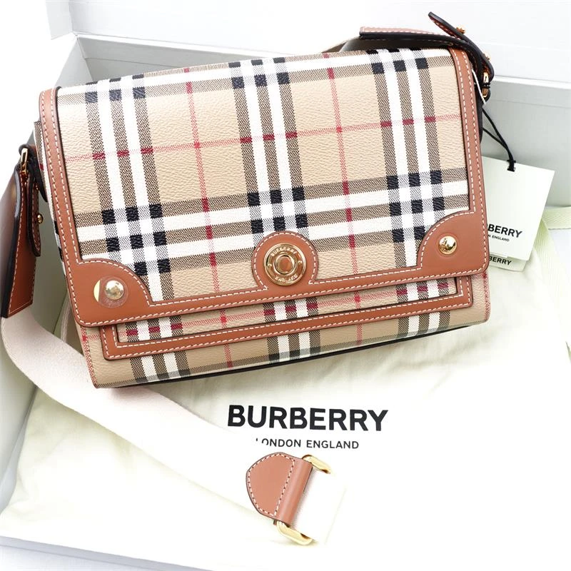 99新 BURBERRY/博柏利 Note卡其格纹拼棕色单肩包H_ZY0000383647