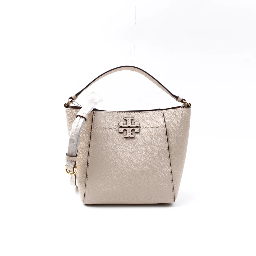 99新 TORY BURCH/汤丽柏琦 米白色荔枝纹水桶单肩包CLKJMYC0004