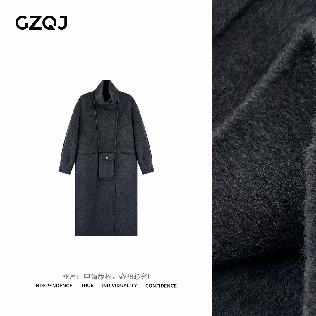 GZQJ【波士顿】时尚宽松立领带包包毛呢外套大衣女秋冬9772