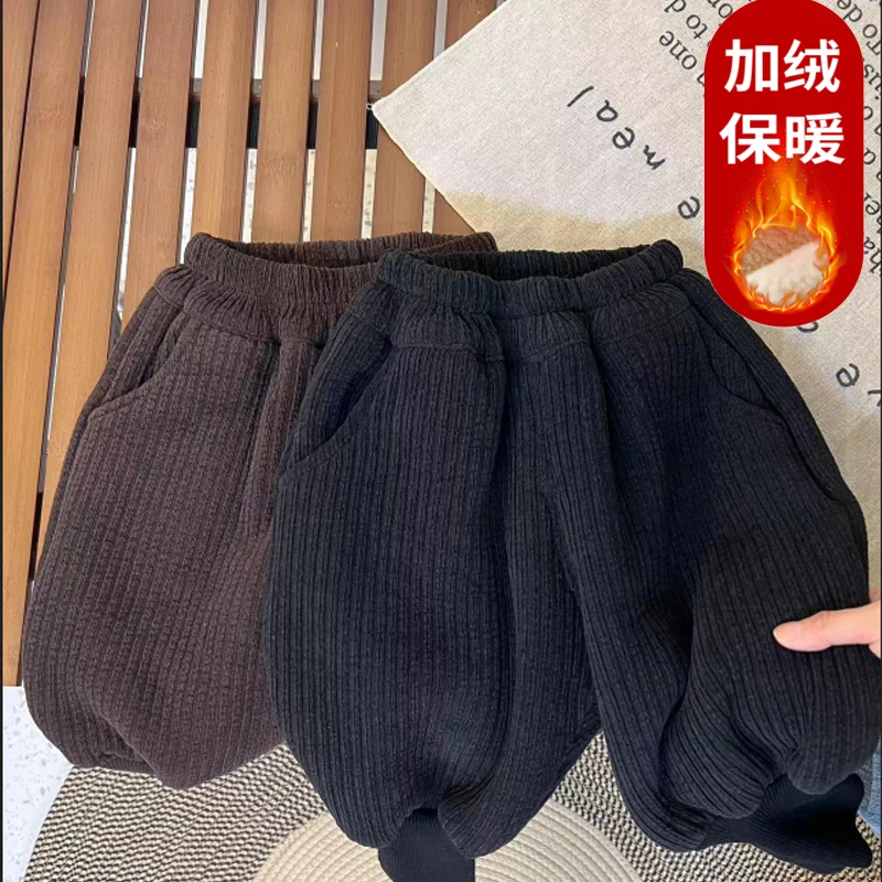 雪尼尔儿童棉裤羊驼秋冬保暖男童束脚裤小童纯色加绒加厚韩版长裤