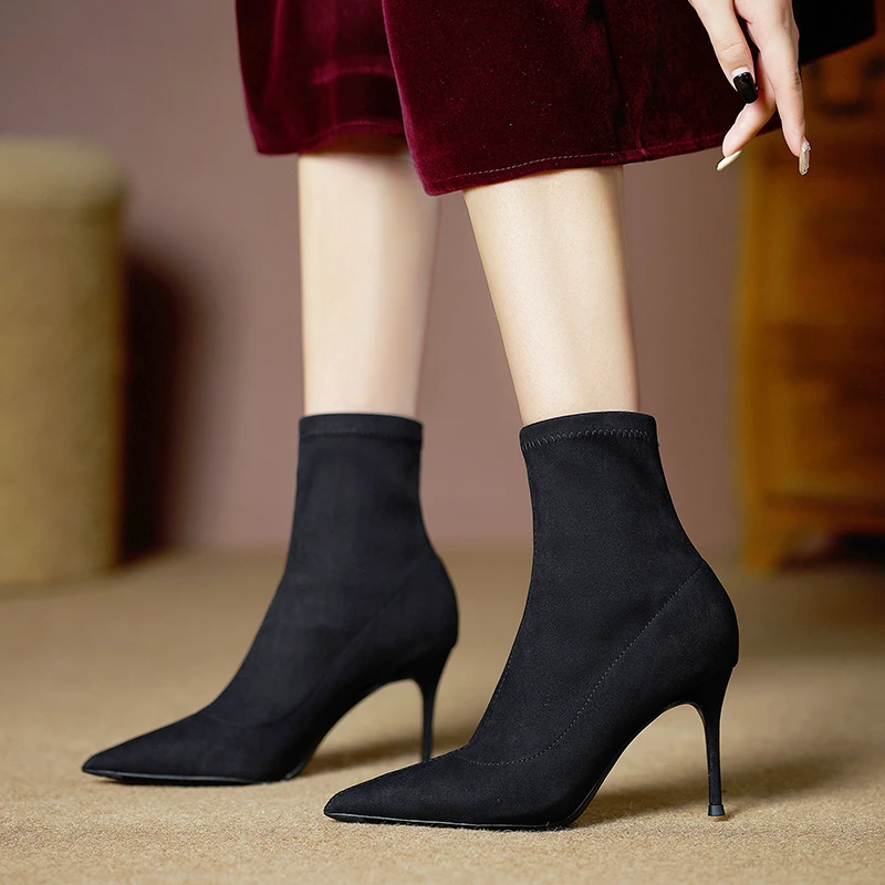 【618精选】2025款黑色细跟短靴气质高跟秋冬百搭中筒弹力靴瘦瘦靴
