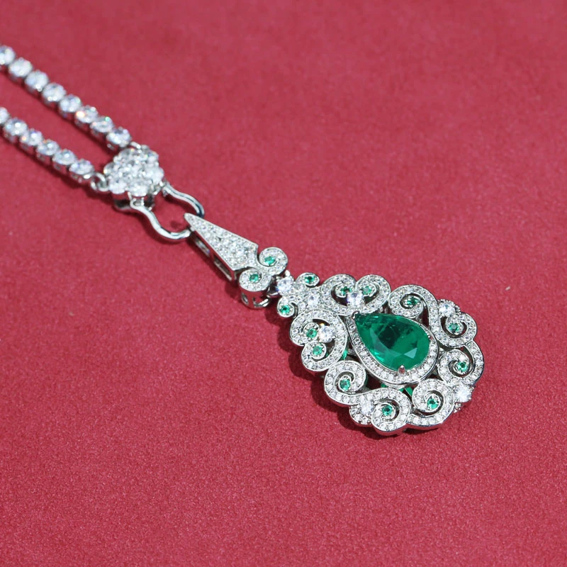 精镶羽毛绿色水滴宝石项链h371