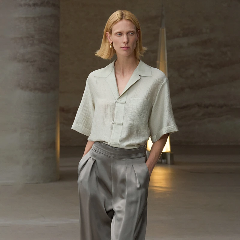 COMMON VALUE 古巴领盘扣短袖衬衣尖领莫代尔休闲衬衫男女薄上衣