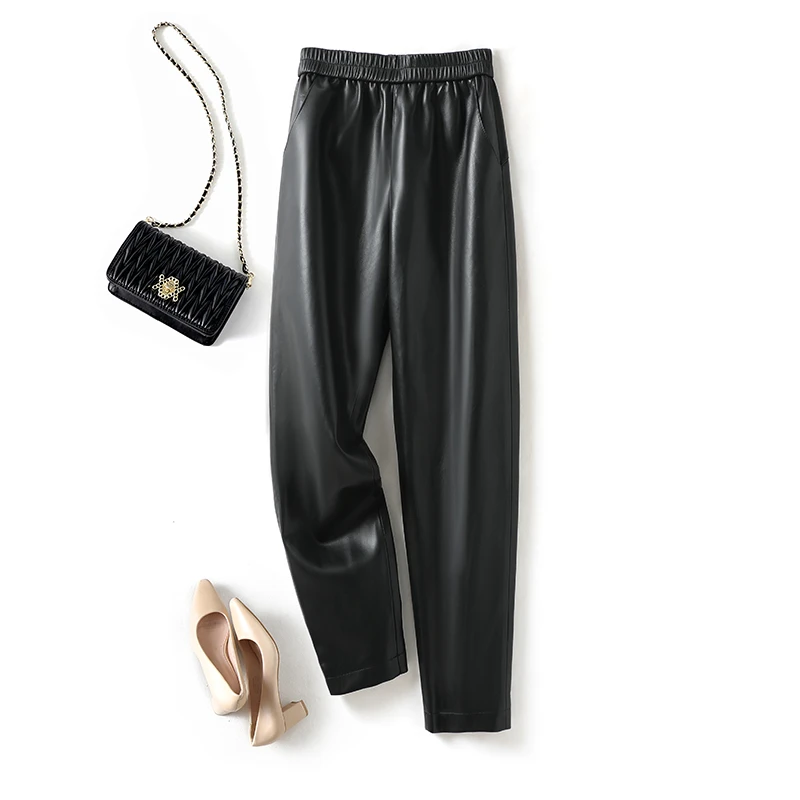 欧货2024春装新款海宁正品长裤高腰显瘦小萝卜皮裤女小脚九分裤潮