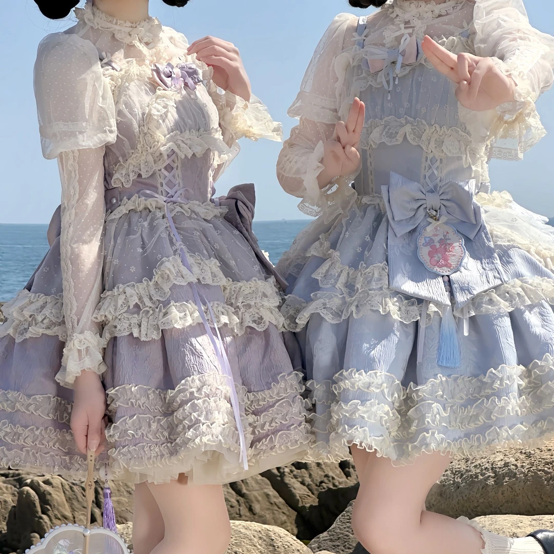 晚安桃桃lolita连衣裙蝴蝶结可爱纯色洛丽塔紫色