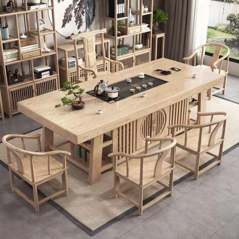 新中式实木大板茶桌组合家用双层储物原木色办公室功夫茶桌茶台