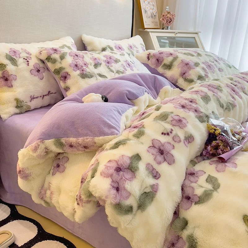 A类冬季兔毛牛奶绒床上四件套双面绒珊瑚绒被套床单法兰绒三件套