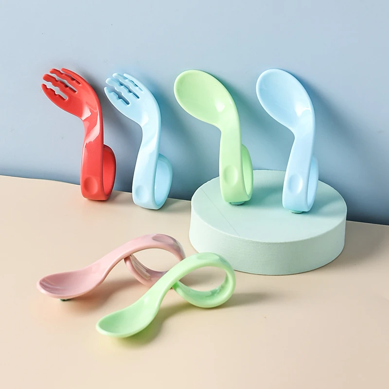 宝宝学吃饭勺叉儿童自主进食训练弯勺子短把辅食勺弯头叉勺1-3岁
