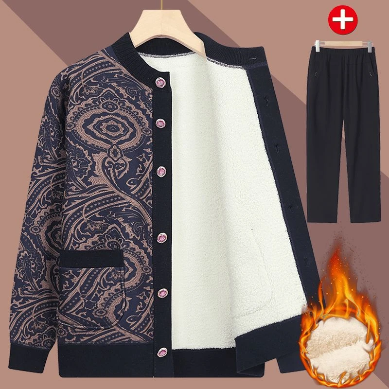 老年人奶奶毛衣女妈妈装针织开衫加绒加厚秋冬外套老太太老人衣服