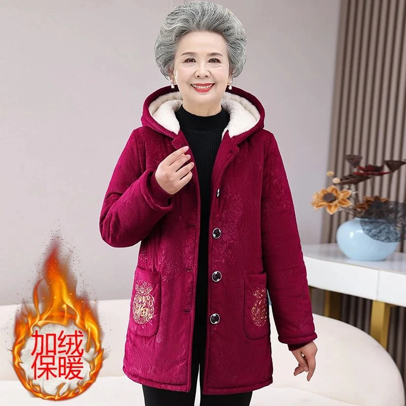 中老年女装奶奶冬装太太棉衣中长款外套加绒加厚保暖妈妈大码棉袄