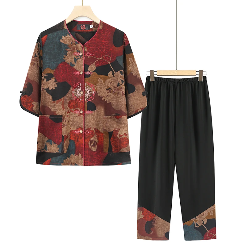 母亲节新中式国风妈妈夏装套装中老年女老年人两件套短袖奶奶薄款