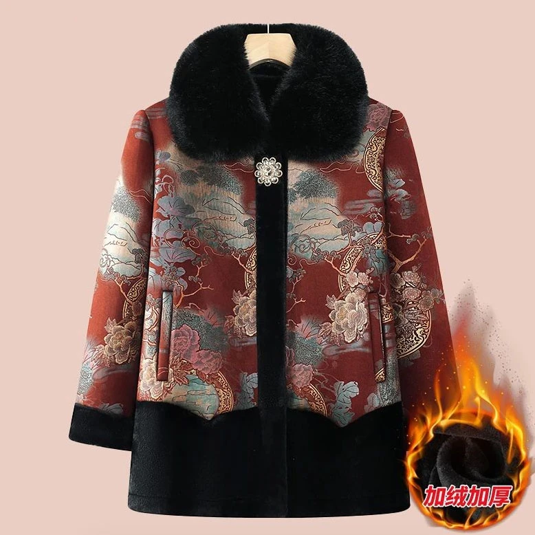 中老年妈妈冬季中长款加绒加厚保暖外套奶奶太太时尚洋气大衣棉袄